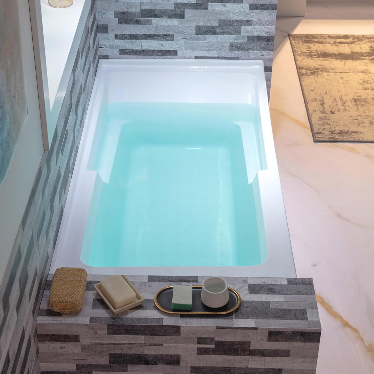 WOODBRIDGE 60' Acrylic Rectangular Alcove Soaking Bathtub in White with Left Drain, Brushed Gold pop-UP Drain Included BA6030L