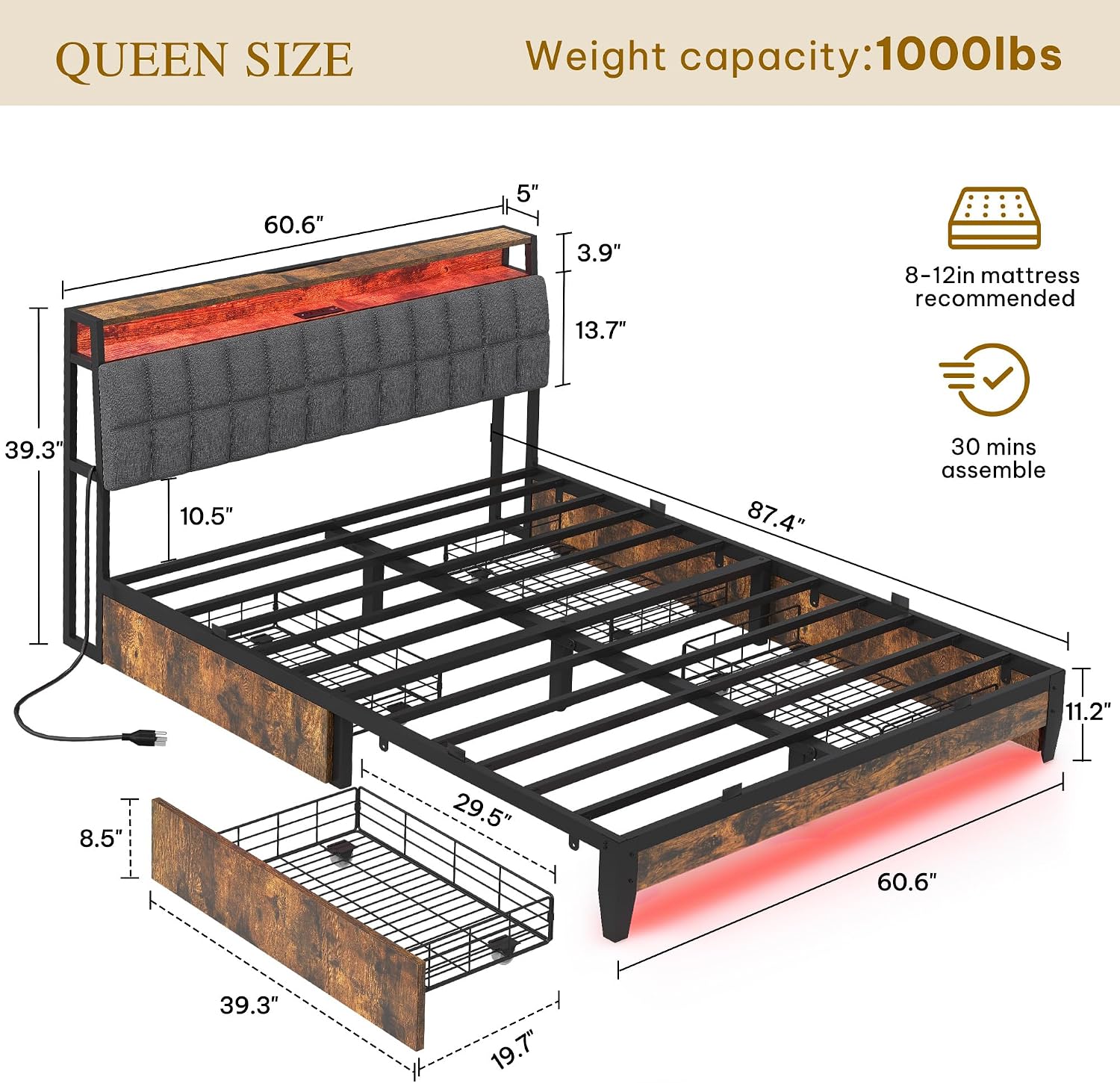 YITAHOME Queen Size Bed Frame with RGB LED Lights and 4 Drawers, Upholstered Platform Bed with Charging Station and Storage Headboard, No Box Spring Needed, Noise-Free, Fast Assembly, Rustic Brown