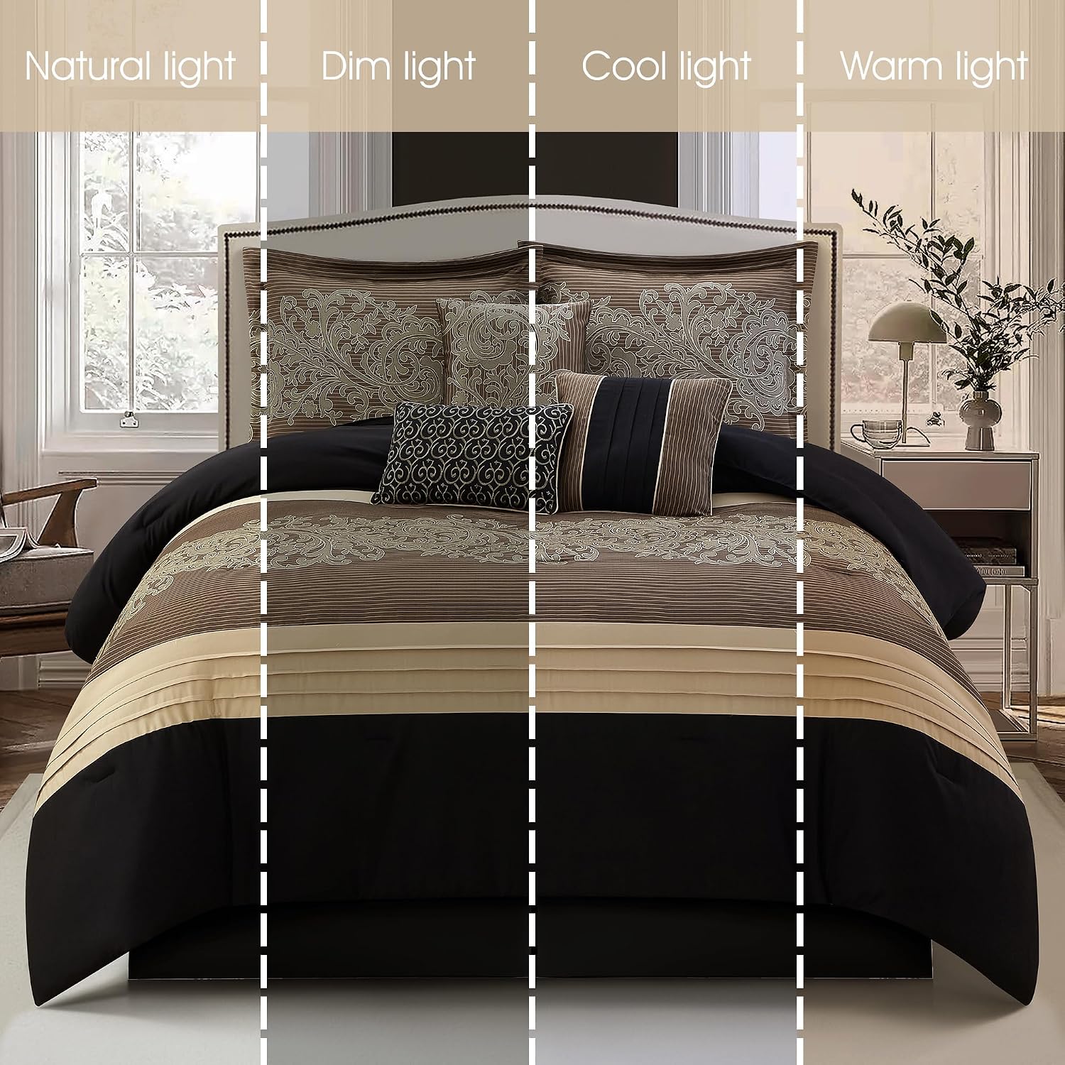 Grand Avenue Black/Gold Cal King Comforter Set, 7 Piece, Bedding Sets & Collections, Pillow Shams Bedskirt, Jacquard Comforters, All Season