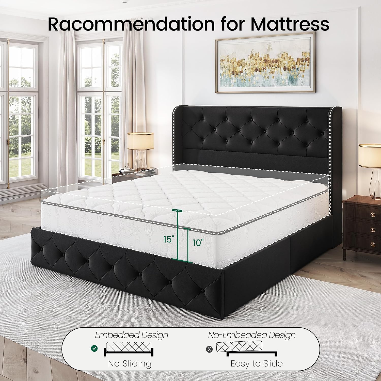 LARMACE Full Size Bed Frame with 4 Storage Drawers and Wingback Headboard Velvet Upholstered Platform Bed Frame Tufted Beds with Wooden Slats Support, Easy Assembly, Black