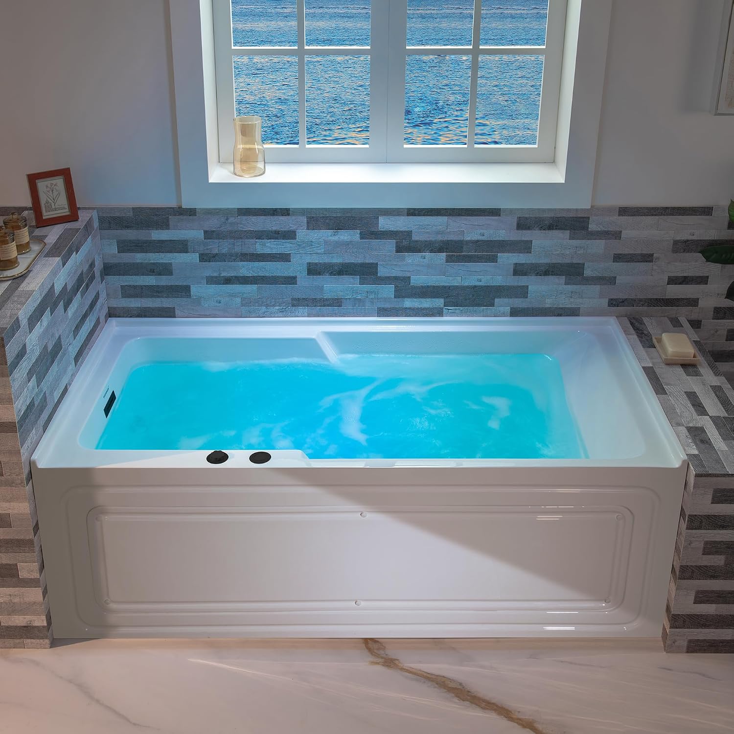 WOODBRIDGE 60' Alcove Acrylic Rectangular Whirlpool Heated Jetted Tub in White with Left Drain, Matte Black pop-up Drain Included BM6030L