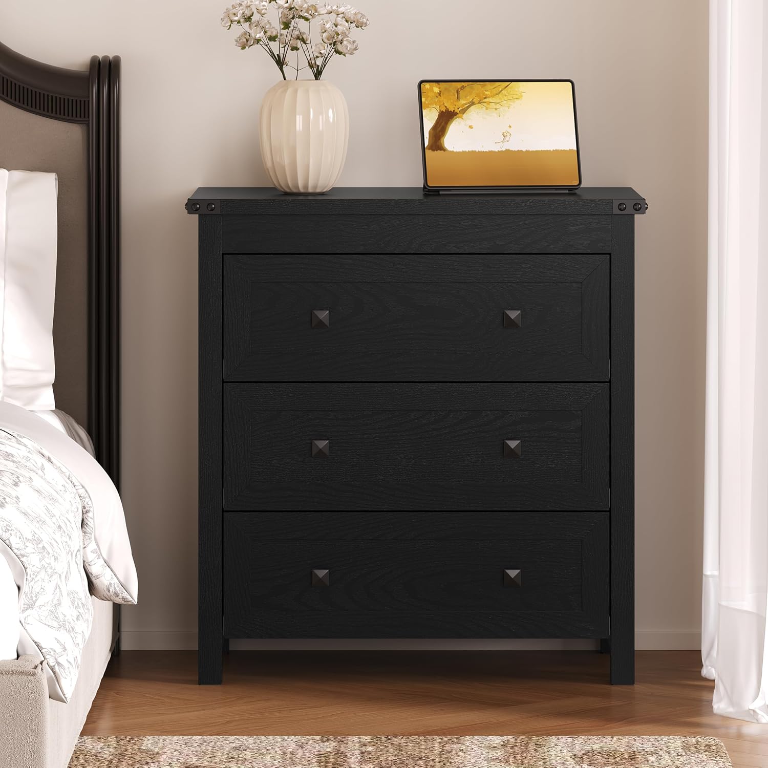 BORNOON 3-Drawer Dresser, Small Wooden Chest of Drawers with Metal Knobs, Water-Resistant Top, Storage Organizer with Anti-Tip Kit for Bedroom, Nursery, Living Room