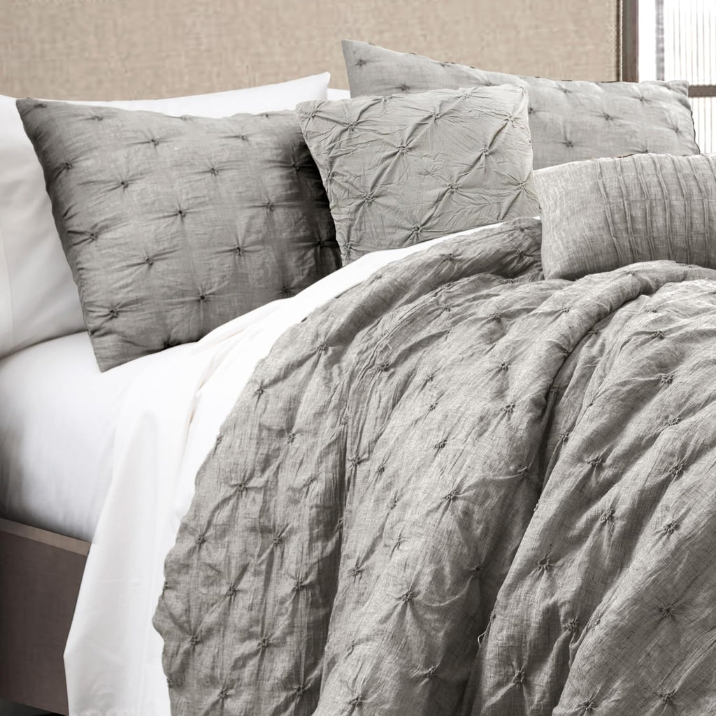 Lush Decor Ravello Pintuck Comforter Set - Luxe 5 Piece Textured Bedding Set - Traditional Glam & Farmhouse Inspired Bedroom Decor - King, Gray