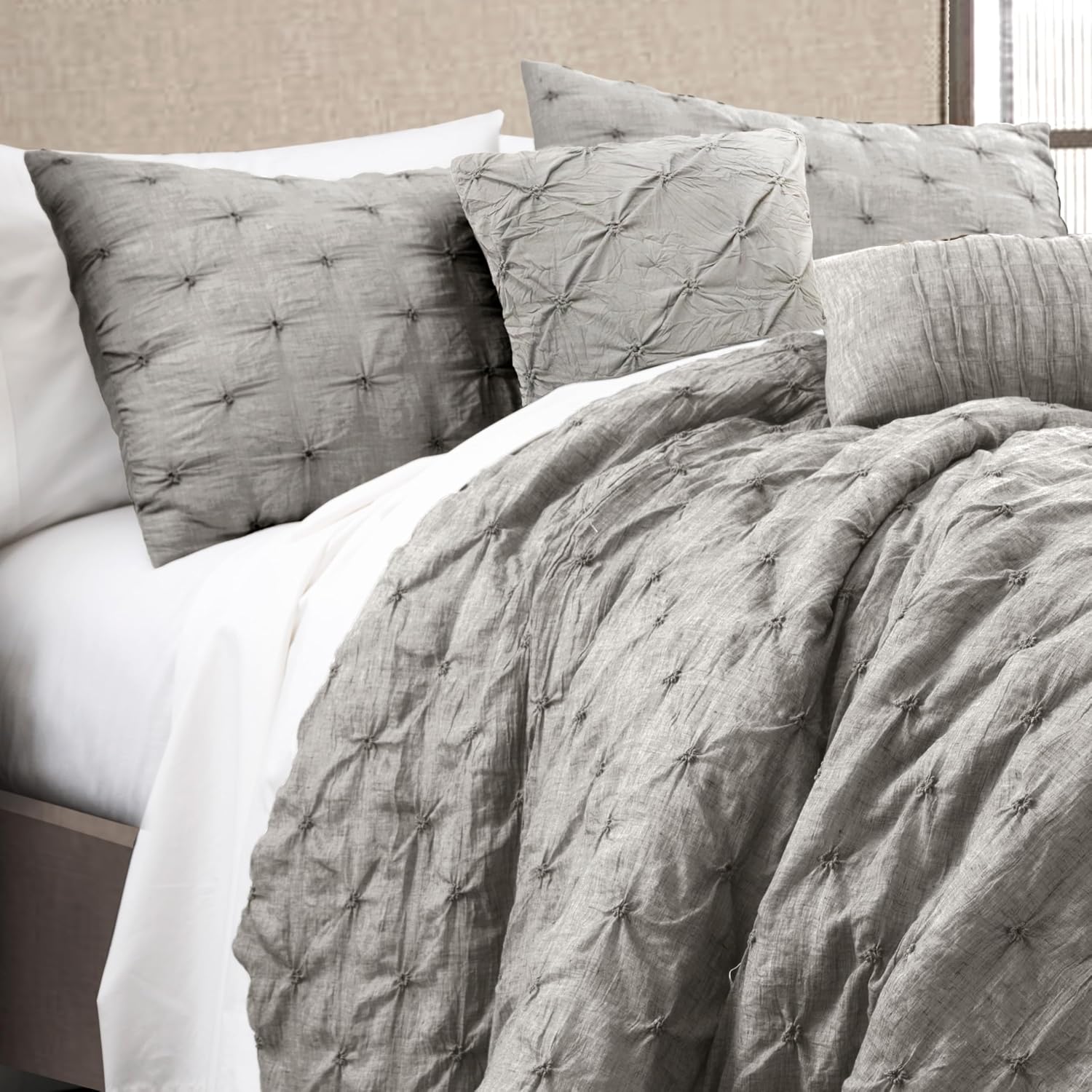 Lush Decor Ravello Pintuck Comforter Set - Luxe 5 Piece Textured Bedding Set - Traditional Glam & Farmhouse Inspired Bedroom Decor - King, Gray