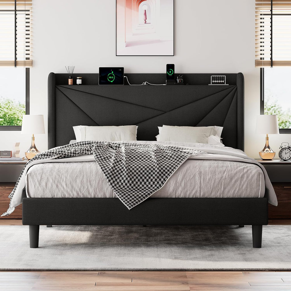 Einhomn Queen Size Upholstered Bed Frame with Charging Station, Platform Bed Frame with Storage Headboard, Solid Wood Slats Support, No Box Spring Needed, Black