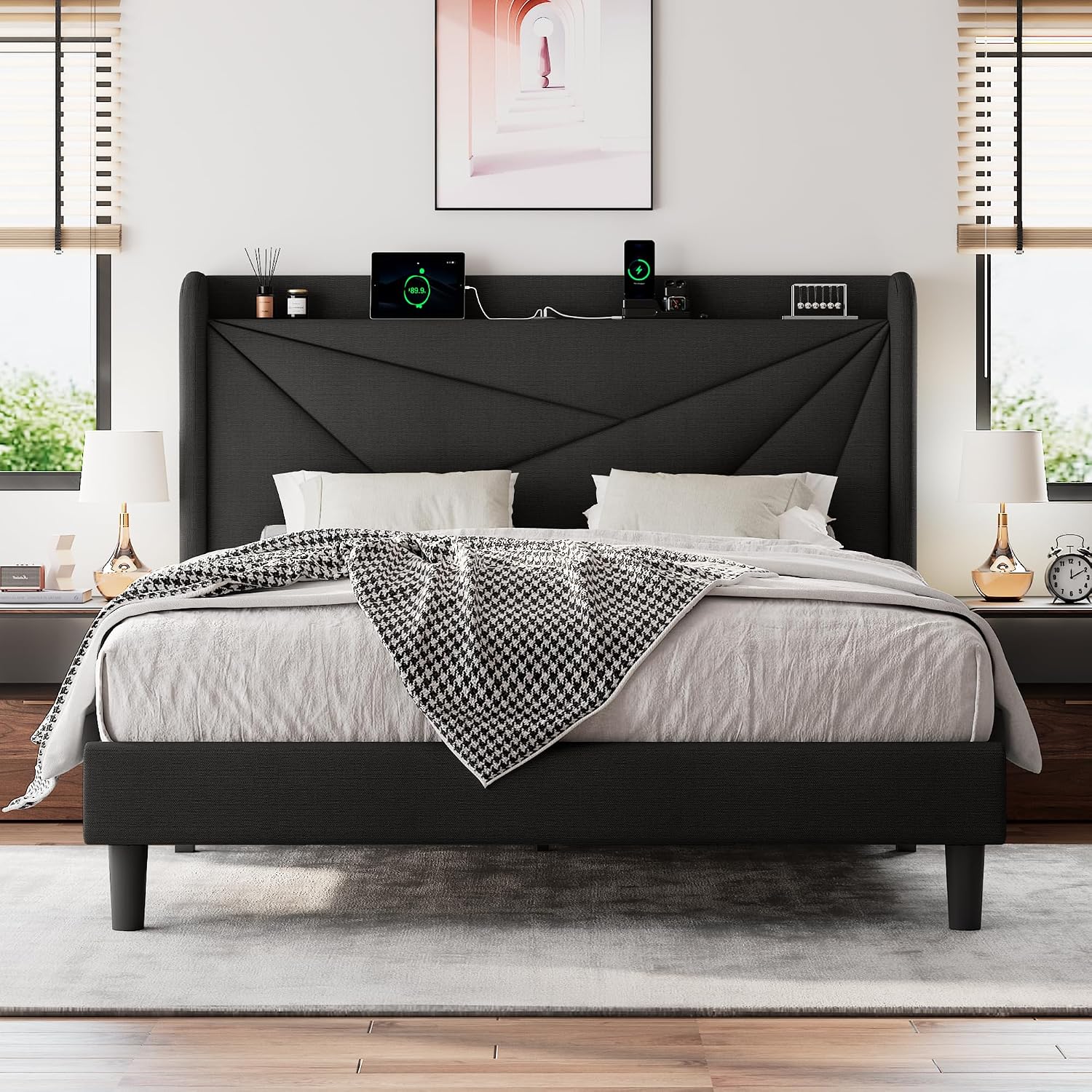 Einhomn Queen Size Upholstered Bed Frame with Charging Station, Platform Bed Frame with Storage Headboard, Solid Wood Slats Support, No Box Spring Needed, Black