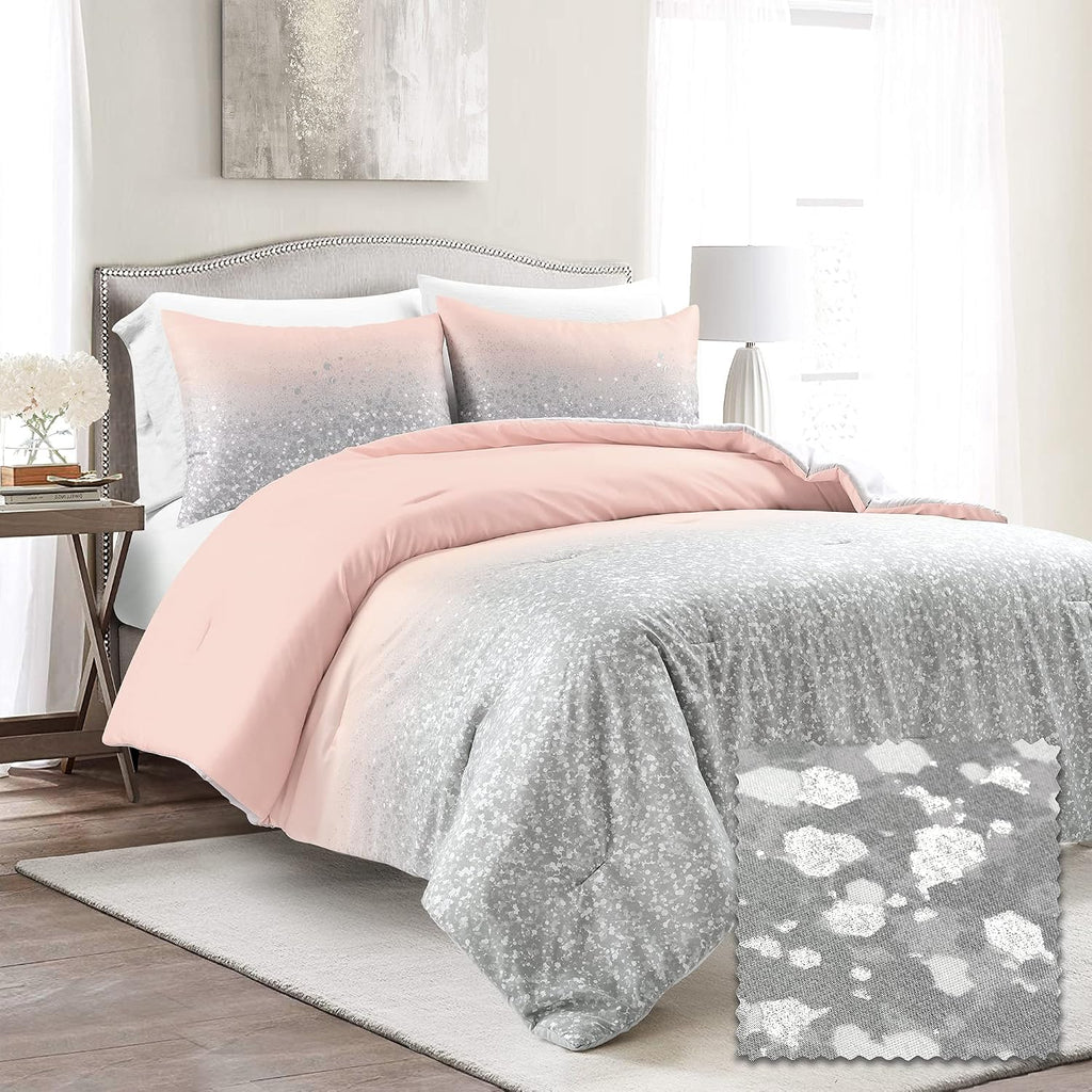 Lush Decor Glitter Ombre Metallic Print 5 Piece Comforter Set, Full/Queen, Blush & Gray