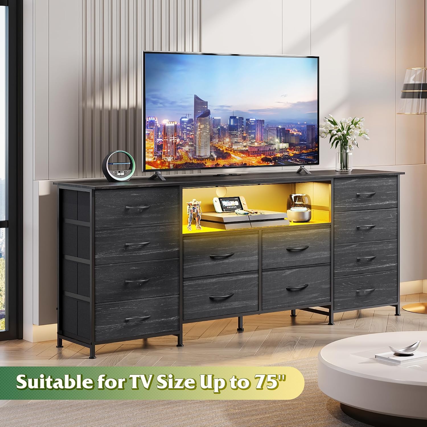 WLIVE 12 Drawer Dresser for Bedroom, Black Dresser TV Stand for 65, 70, 75 inch TV with Led Light & Charging Station, Wide Chest of Drawers with Open Shelves, Fabric Dressers for Closet, Living Room