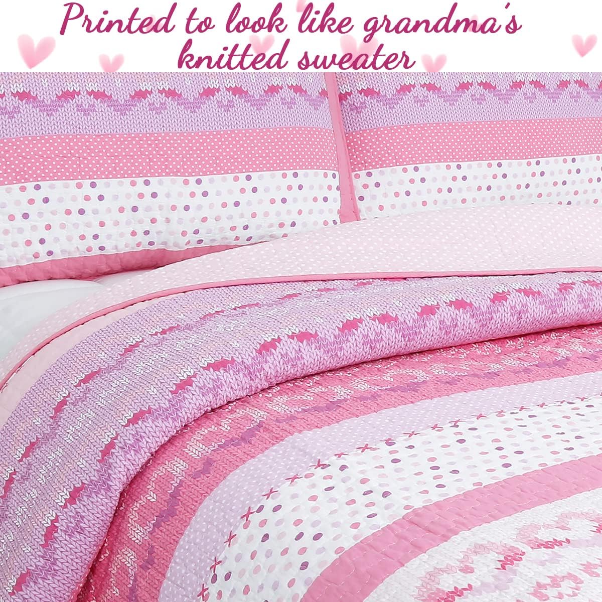 Cozy Line Home Fashions Pink Butterfly Knit 100% Cotton Reversible Quilt Bedding Set, Coverlet, Bedspreads (Queen - 6 Piece: 1 Quilt + 2 Standard Shams + 3 Decorative Pillows)