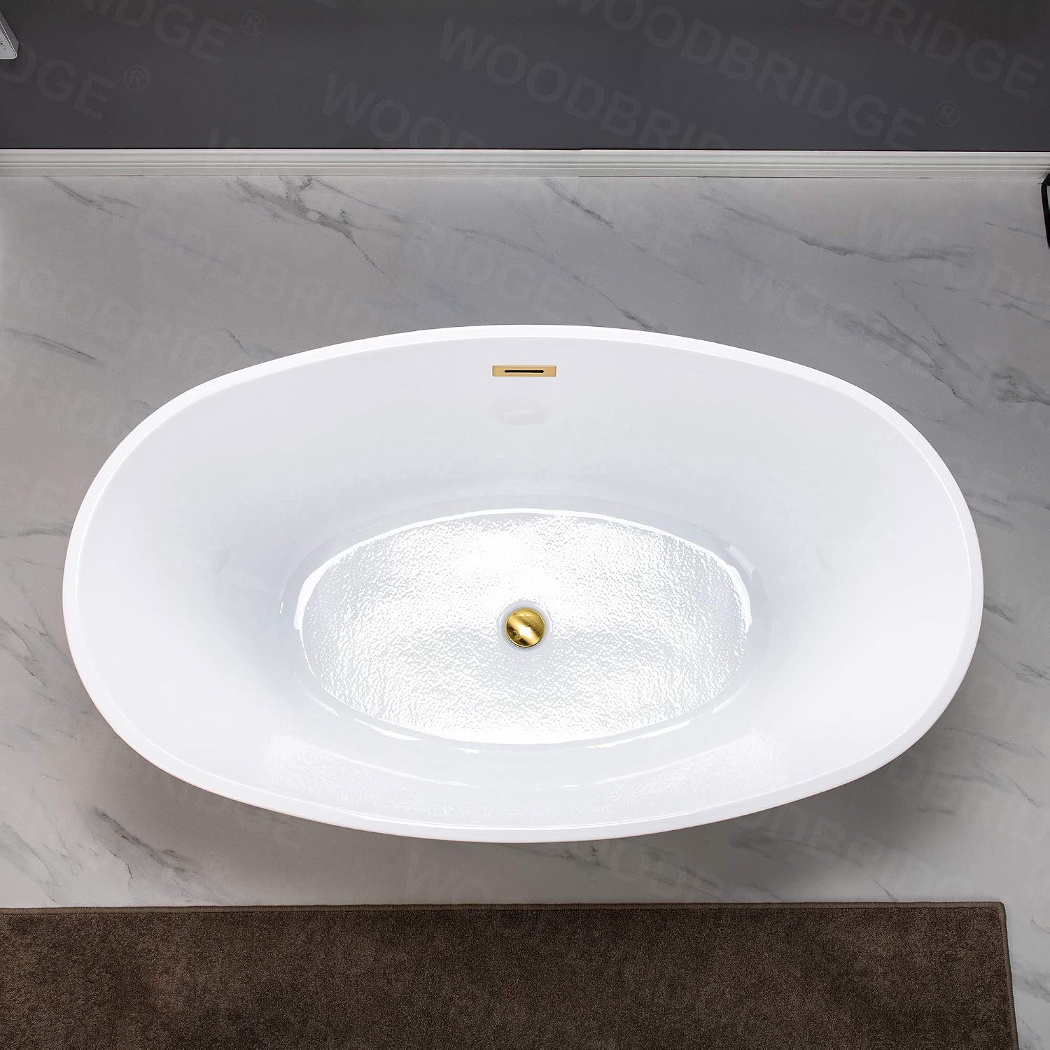 WOODBRIDGE 55' Acrylic Freestanding Bathtub Contemporary Soaking White Tub with Brushed Gold Overflow and Drain,B1418-BG