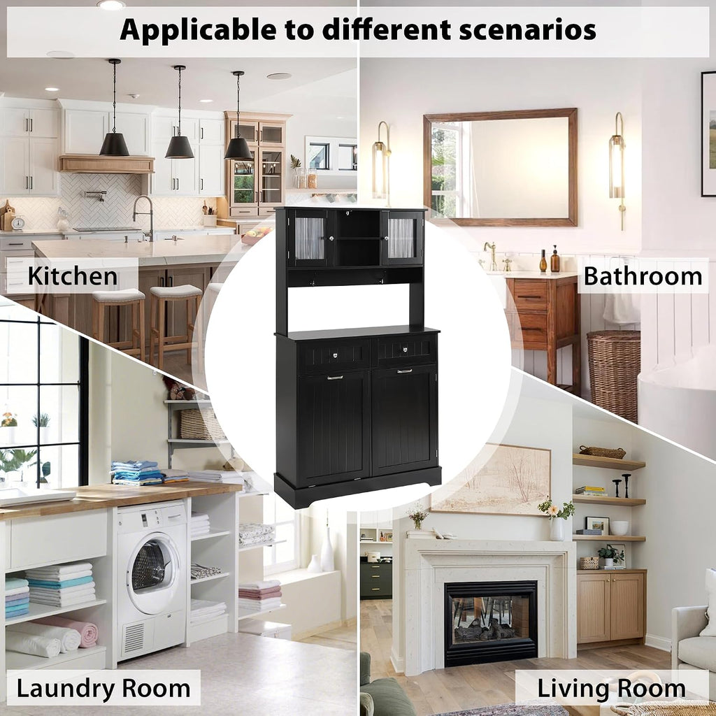 Tilt Out Trash Cabinet,Storage Cabinet,Two Solid Wood Hideaway Trash Holder Drawers,Wooden Freestanding Recycling Cabinets,Trash Can for Kitchen,Black