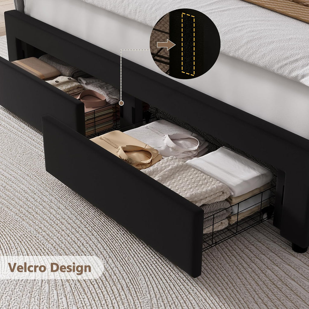 HITHOS Full Upholstered LED Bed Frame with 2 Storage Drawers, Velvet Platform Bed with Wingback Headboard, Solid Wooden Slats Support, No Box Spring Needed, Headboard Splicing Design, Black