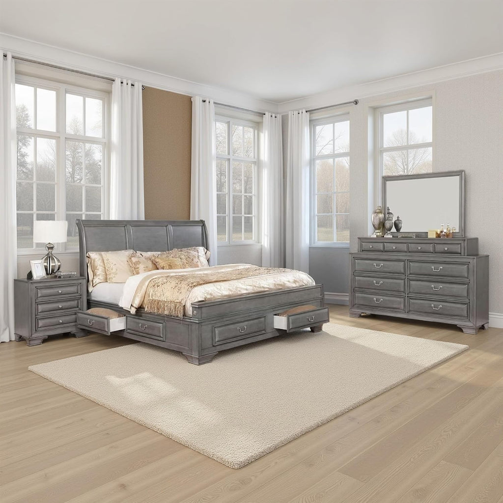 Benjara Lio Four PC Queen Size Bedroom Set- Gray Wood Inlay Design- Nickel