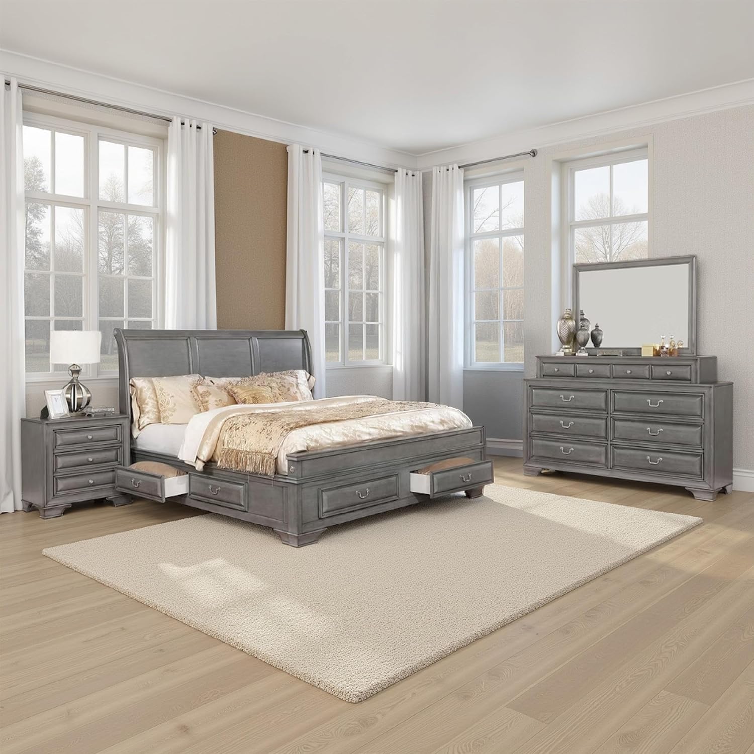 Benjara Lio Four PC Queen Size Bedroom Set- Gray Wood Inlay Design- Nickel