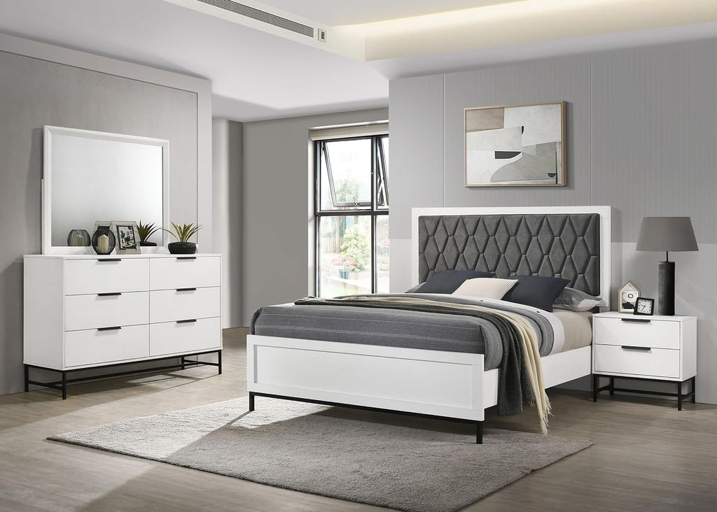 Coaster Home Furnishings Sonora Contemporary 4-Piece Bedroom Set Leatherette Upholstered Queen Size Panel Bed Frame 54-inch Headboard White 224861Q-S4