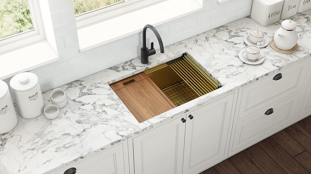 Ruvati 30-inch Polished Brass Matte Gold Workstation Undermount Kitchen Sink Single Bowl - RVH6530GG