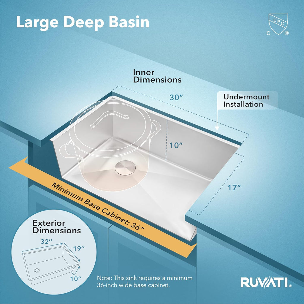 Ruvati 32-inch Rounded Corners Slope Bottom Offset Drain Reversible Kitchen Sink - 16 Gauge Stainless Steel Kitchen Sink with Brushed Finish hides scratches, Easy-to-Clean Undermount Sinks - RVH7490
