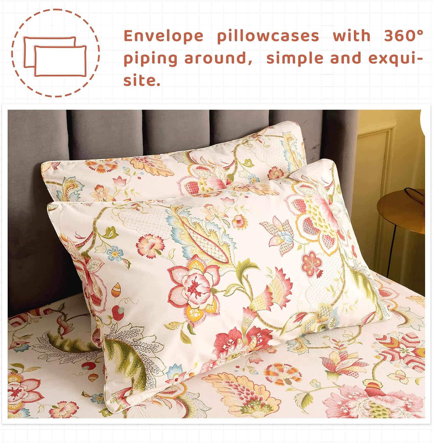 QSH 100% Egyptian Cotton Floral Sheets for Split King Size Bed, Red Yellow Flowers Plant Pattern Botanical Printed Bedding Deep Pockets 17' Soft and Breathable 4pcs