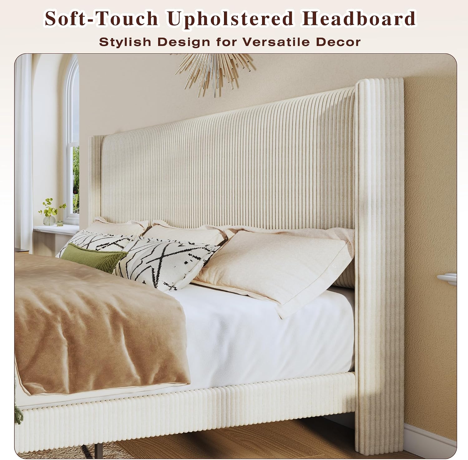 HUAHUU King Size Bed Frame with 51.2' Tall Headboard, Corduroy Upholstered Bed Frame with Wingback, Platform Bed with Wooden Slats Support, Easy Assembly, No Box Spring Needed, Beige