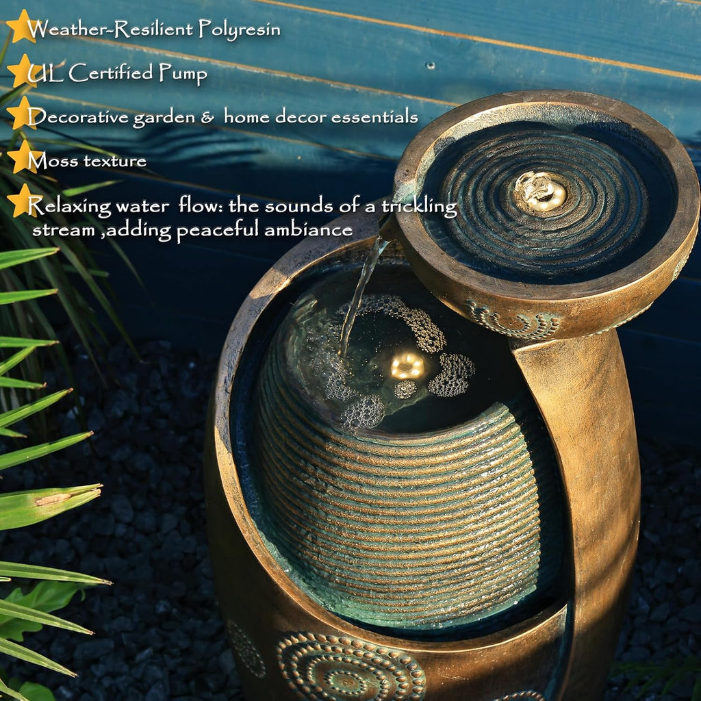 Tankana Indoor Water Fountain Feature Outdoor Garden Large Jar Floor Standing Fountain Waterfall with LED Light & Pump for Home Decor Office Yard Patio Pool Deck Porch, Goldish-Bronze
