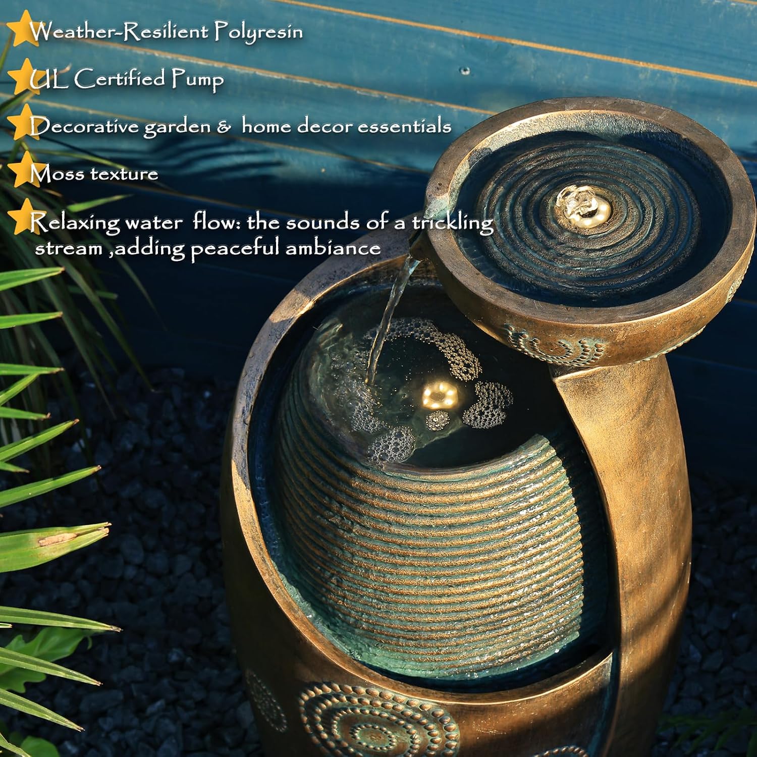 Tankana Indoor Water Fountain Feature Outdoor Garden Large Jar Floor Standing Fountain Waterfall with LED Light & Pump for Home Decor Office Yard Patio Pool Deck Porch, Goldish-Bronze