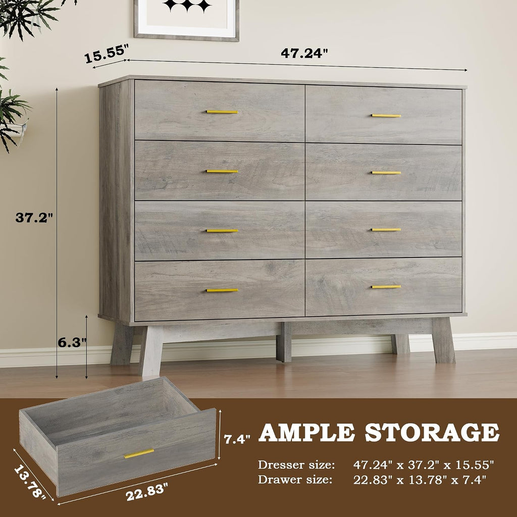 BORNOON Dresser for Bedroom with 8-Drawer, 37' Tall Modern Chest of Drawers with Metal Handles, X-Shape Base & Adjustable Center Leg, Anti-Tip Closet Organizers and Storage
