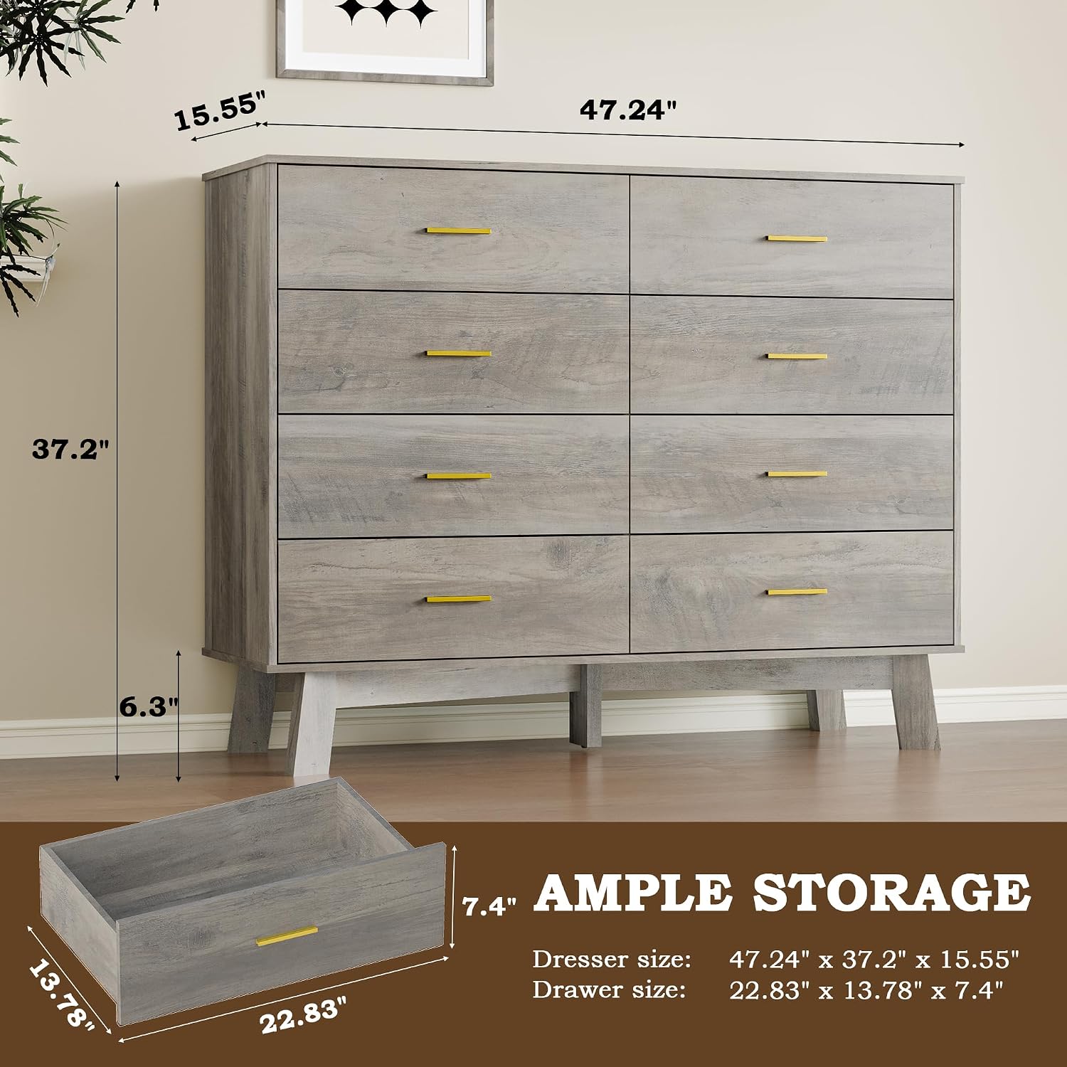 BORNOON Dresser for Bedroom with 8-Drawer, 37' Tall Modern Chest of Drawers with Metal Handles, X-Shape Base & Adjustable Center Leg, Anti-Tip Closet Organizers and Storage