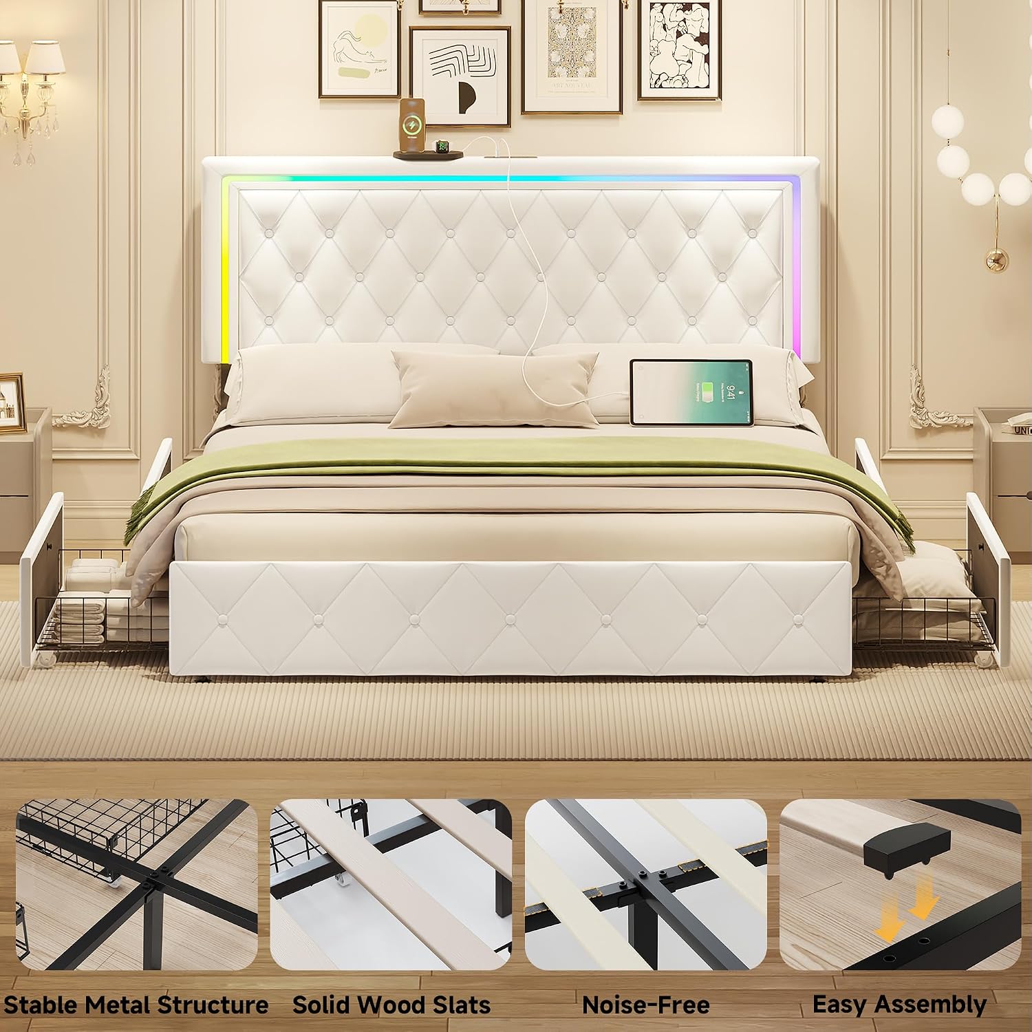 LED Full Bed Frame with 4 Storage Drawers and Adjustable Headboard, Modern Velvet Upholstered Platform Bed Frame Full Size with Charging Station, Wooden Slats Support, No Box Spring Needed, White