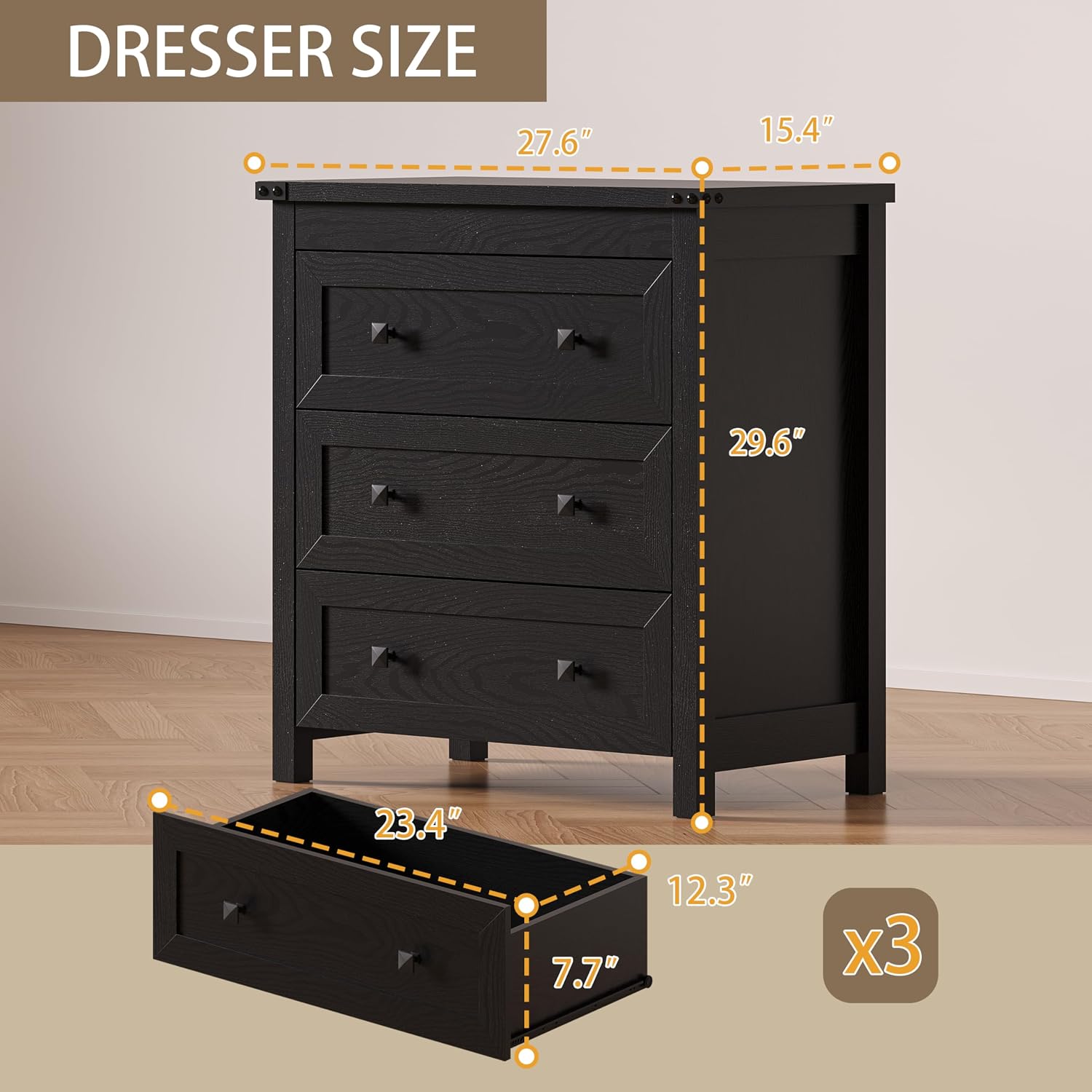 BORNOON 3-Drawer Dresser, Small Wooden Chest of Drawers with Metal Knobs, Water-Resistant Top, Storage Organizer with Anti-Tip Kit for Bedroom, Nursery, Living Room