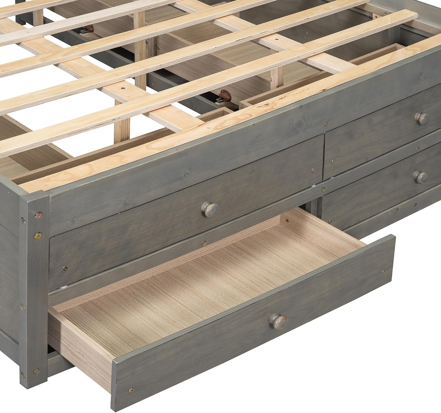 King Size Platform Bed with Storage Headboard, Solid Wood Platform Bed Captain's Bed Frame with 8 Drawers, Sturdy Slats Support, Maximize Space (Grey-8R, King)
