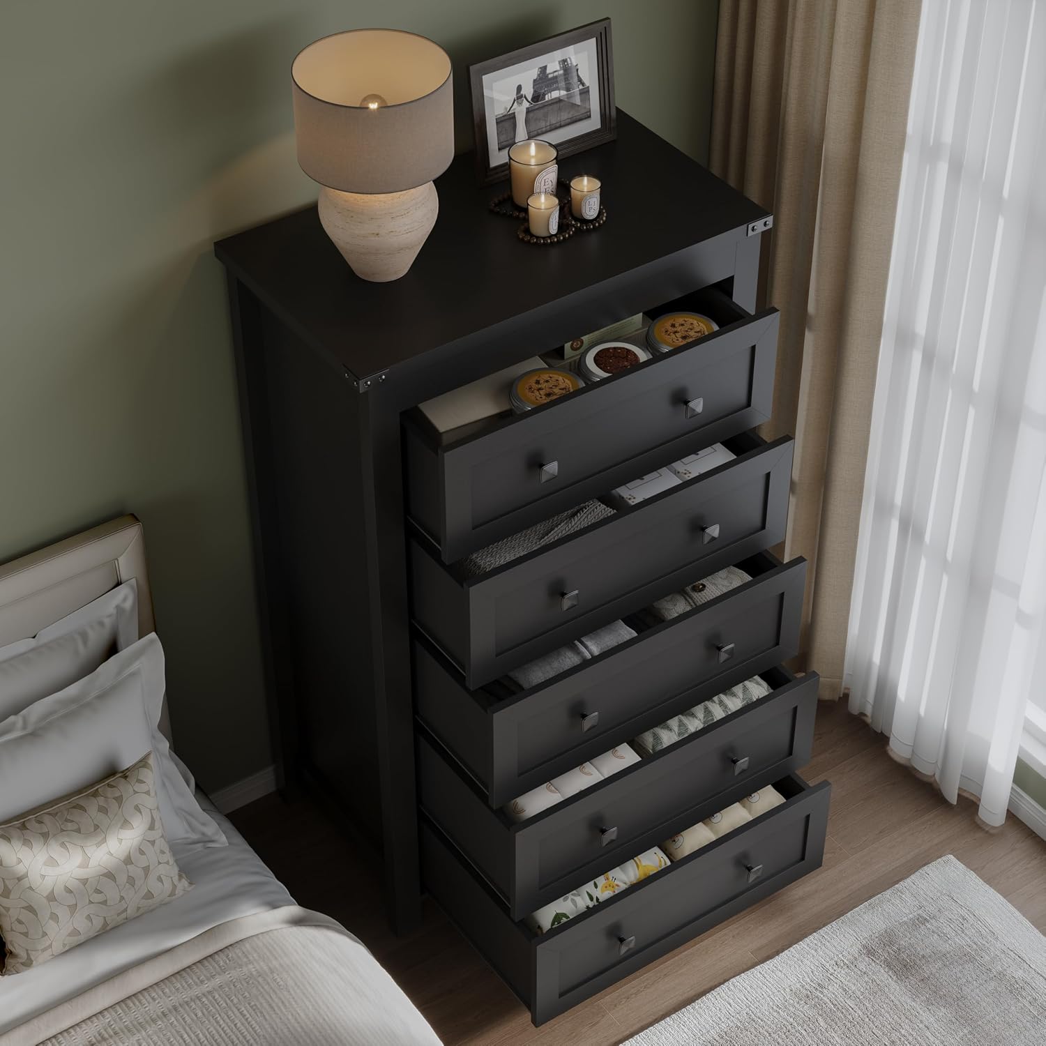 BORNOON Tall 5-Drawer Dresser, Modern Wooden Storage Chest of Drawers, Dresser TV Stand, Wood Drawer Organizer with Metal Handles for Bedroom, Living Room, Hallway