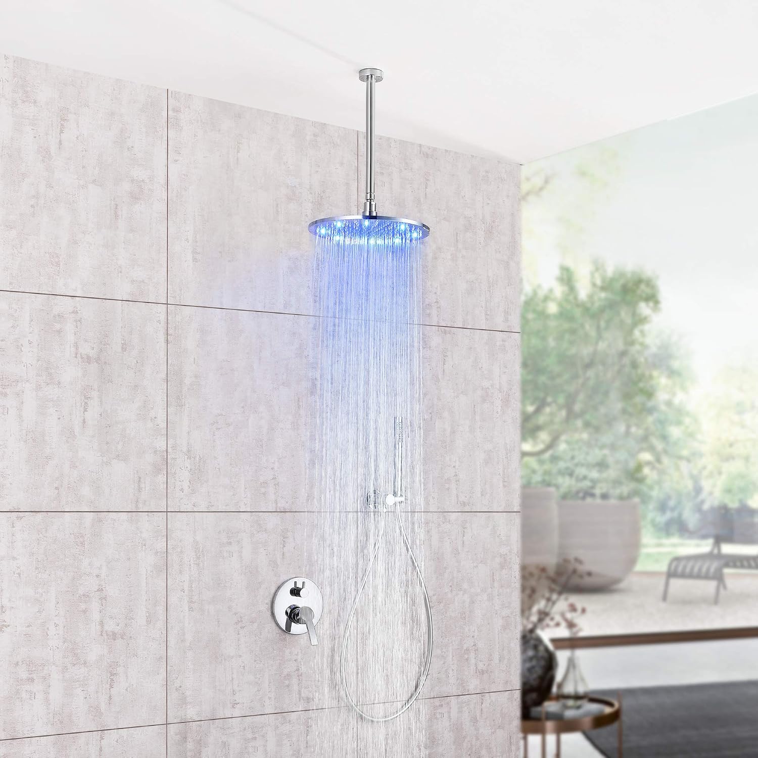 LED Shower Faucet Set Complete Two-Way Bathtub Combo withy Spray, Bathroom 12 Inch Ceiling Round Rain Shower Fixture with Handheld Kit