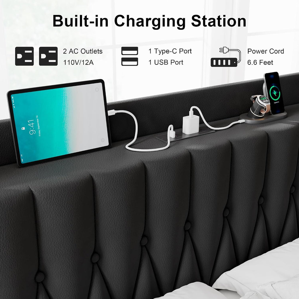 Queen Bed Frame with Fast Charging Station, Leather Queen Size Metal Platform Beds with Upholstered Headboard & Footboard,12' Underbed Storage Space,Easy Assembly,Noise-Free,Black