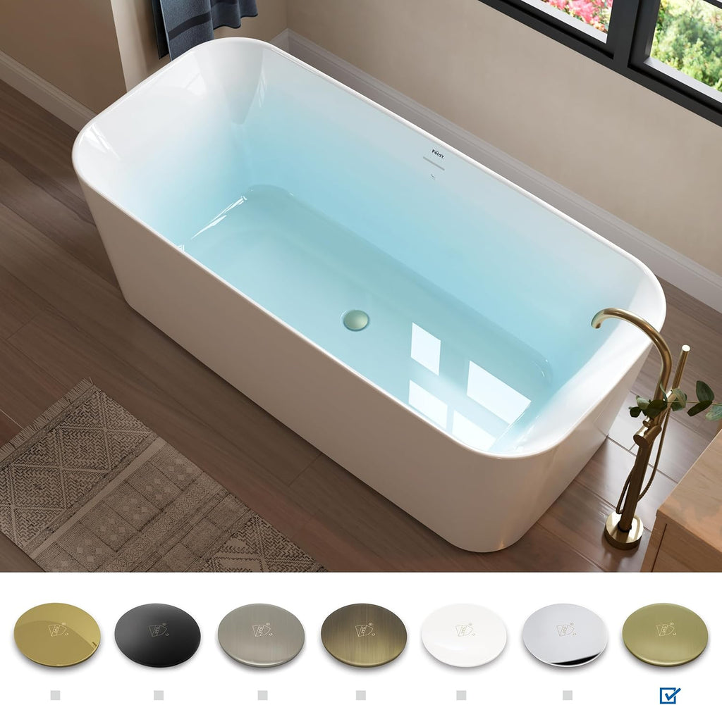 FerdY Maui 67' Acrylic Freestanding Bathtub, Contemporary Elegant Design Soaking Tub with Brushed Gold Drain and Minimalist Linear Design Overflow, Easy to Install