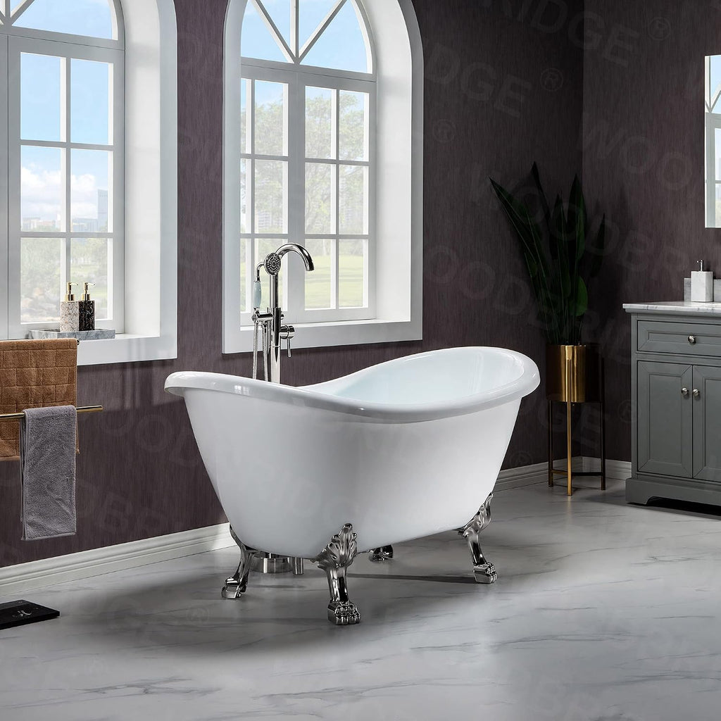 WOODBRIDGE All Inclusive Package 59' Heavy Duty Acrylic Double Slipper Clawfoot Bath Tub with Brushed Nickel Feet+B/N Drain &Overflow+B/N Faucet