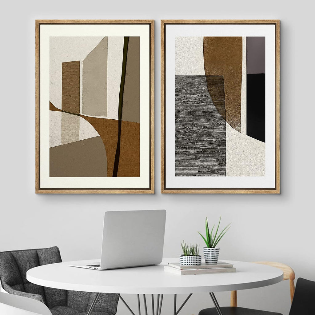 MUDECOR Framed Canvas Print Wall Art Set Mid-Century Retro Polygon Collage Abstract Shapes Illustrations Modern Art Decorative Bohemian Calm/Zen for Living Room, Bedroom, Office - 24'x36'x2 Natural