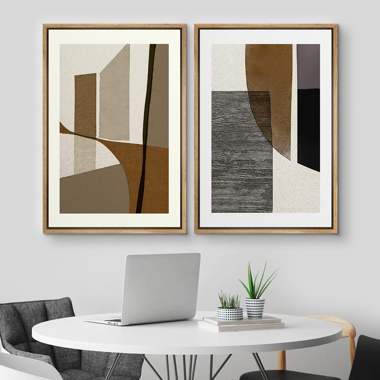 MUDECOR Framed Canvas Print Wall Art Set Mid-Century Retro Polygon Collage Abstract Shapes Illustrations Modern Art Decorative Bohemian Calm/Zen for Living Room, Bedroom, Office - 24'x36'x2 Natural