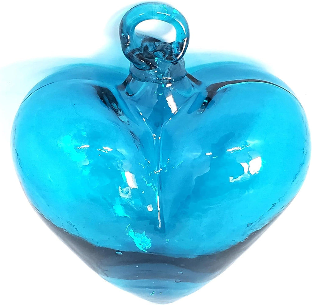 Aqua Blue 5.1 inch Large Hanging Glass Hearts (Set of 6), Recycled Blown Glass Ornaments (LGE Aqua Hearts)