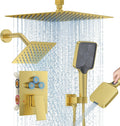 Shower Faucet Set, 12' Ceiling Mount Rainfall Shower System with 2 Rain Shower Head and Multi-function Handheld Head Push Button Diverter Shower Faucet Trim Kit (12', Brushed Gold)