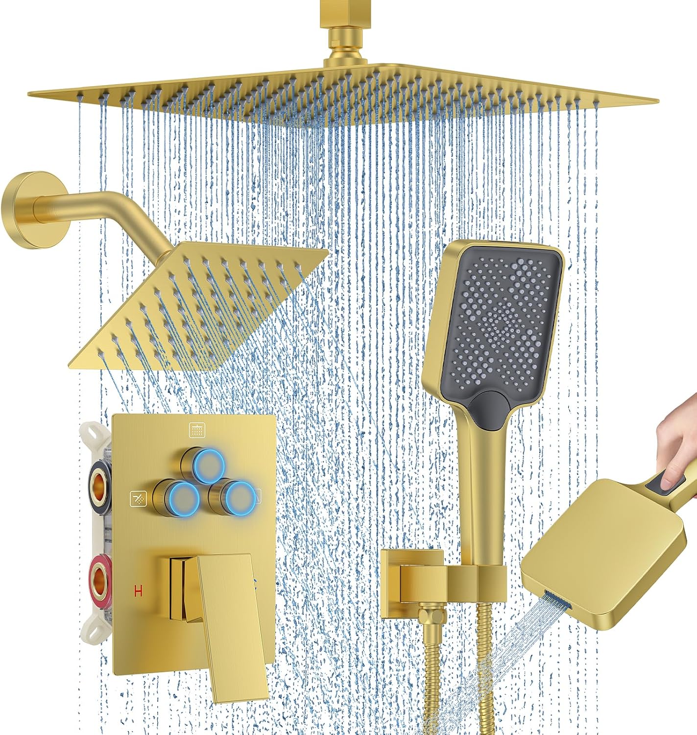 Shower Faucet Set, 12' Ceiling Mount Rainfall Shower System with 2 Rain Shower Head and Multi-function Handheld Head Push Button Diverter Shower Faucet Trim Kit (12', Brushed Gold)
