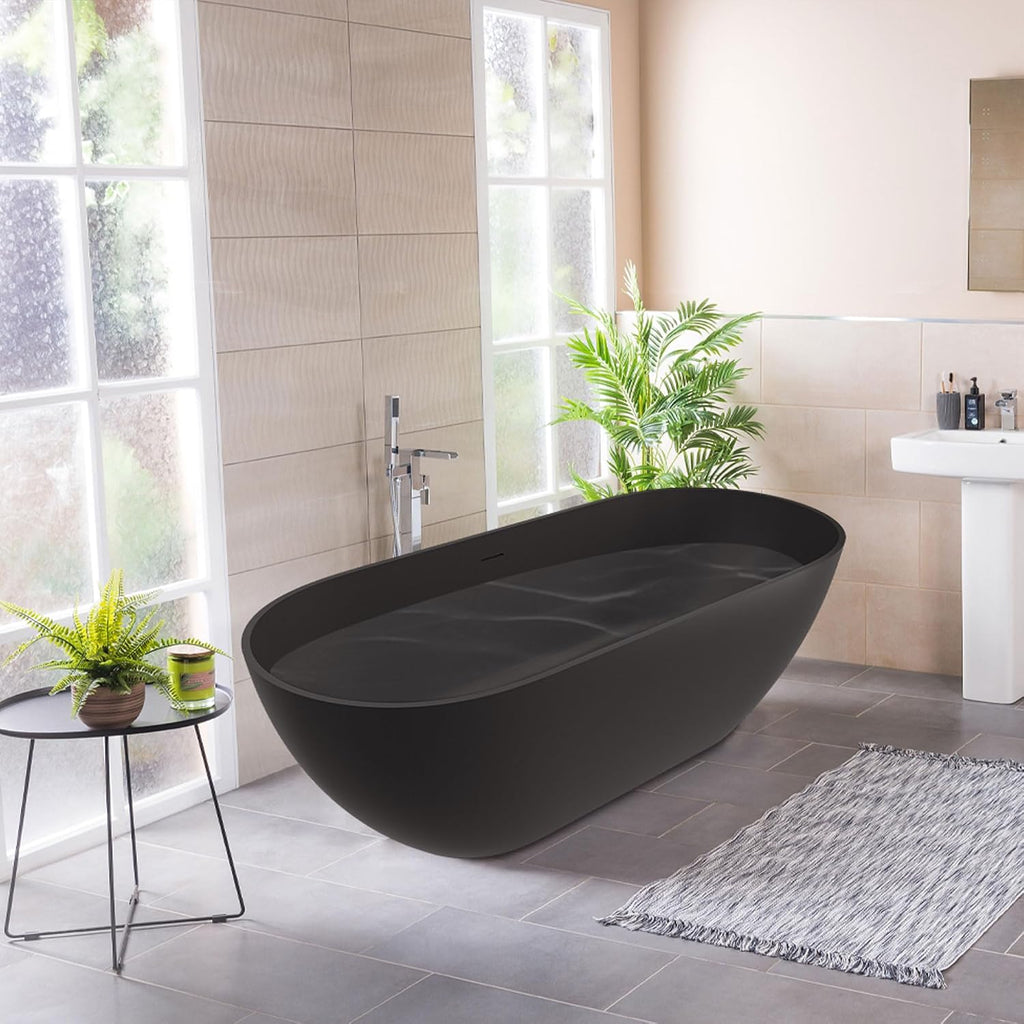 CASAINC 59' Free Standing Tub, Oval-Shaped Stone Resin Freestanding Bathtub Matte Black Solid Surface Soaking Tub with Drain, Drain Hose & Sanding Paper
