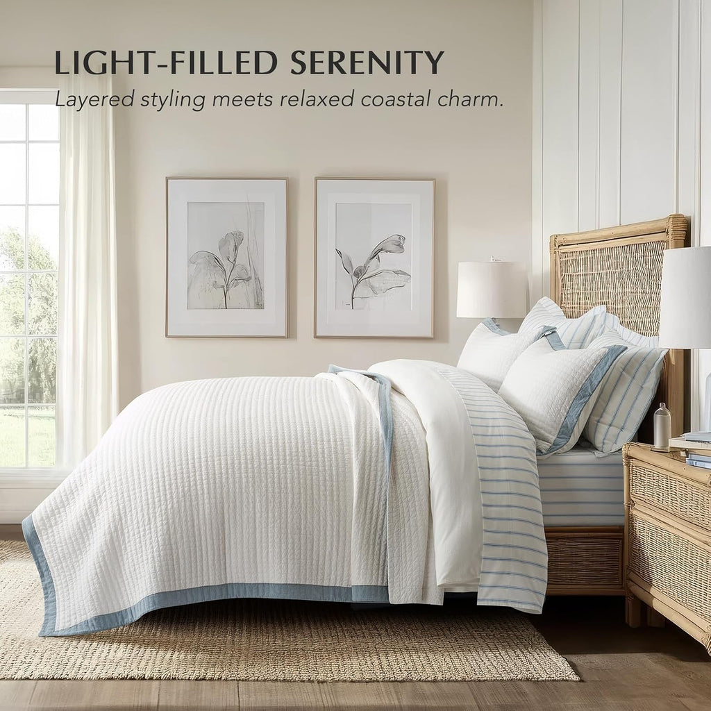 EVERGRACE Cotton Border Frame Tack-Stitch Quilt Bedding Set Queen Size, Coastal Oversized 3 Pieces Lightweight Bedspread Coverlet for All Season, with 2 Matching Shams, Blue Linen