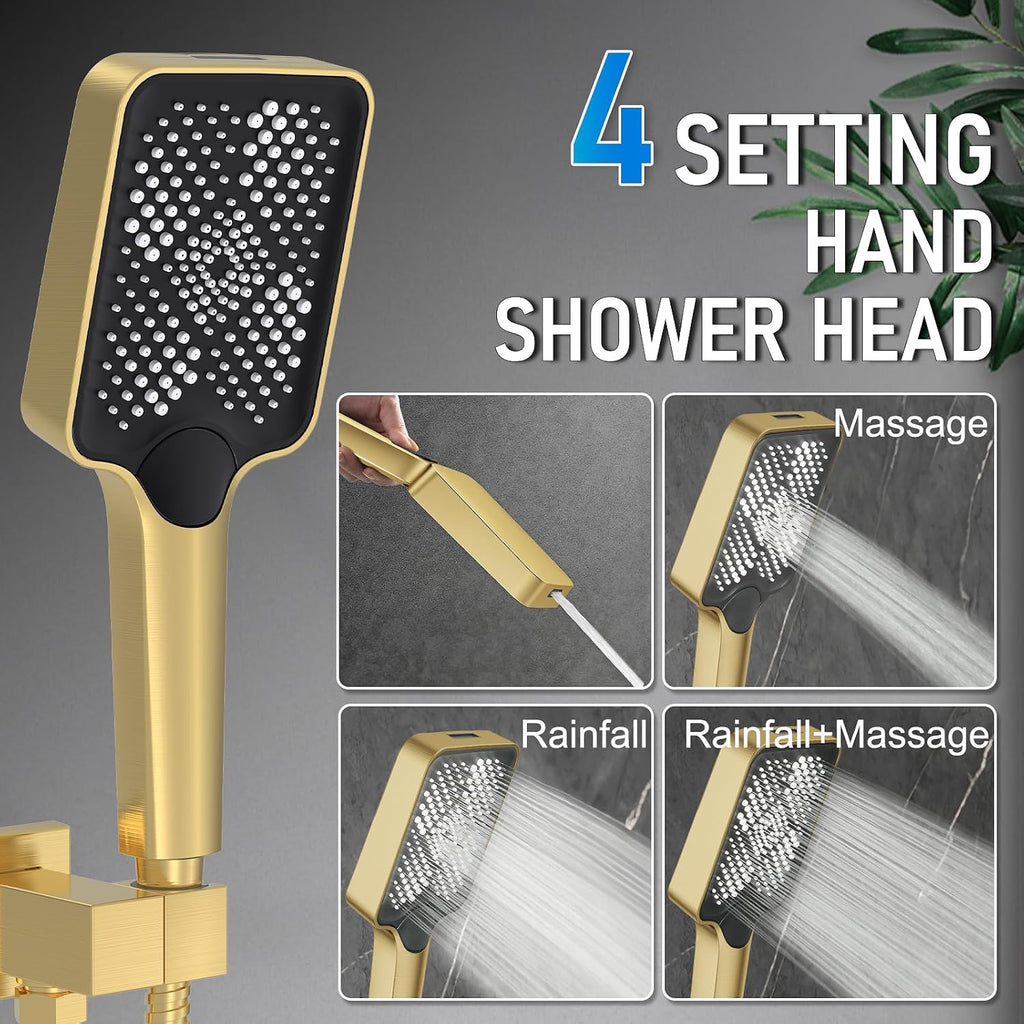 Iriber Gold Shower System Wall Mount with Rainfall Shower Head and Handheld,Shower Faucet Set Mixer Trim Kit (Valve Included),Brushed Gold