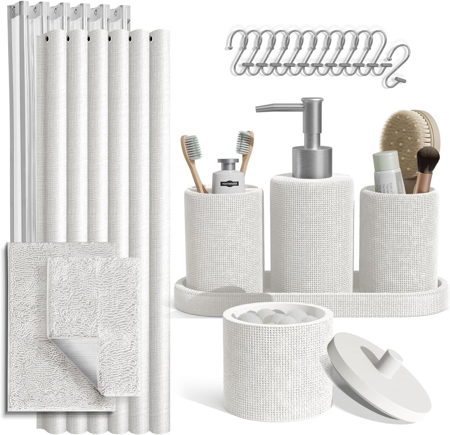 Hearth & Harbor White Bathroom Set - Bathroom Sets with Shower Curtain and Rugs, 21PC Bathroom Accessory Set, Shower Curtain Set with Soap Dispenser & Toothbrush Holder