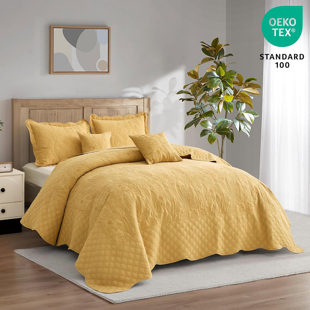 CHIXIN Botanical Oversized Bedspread King Size - Leaves Pattern Stitching Quilt Set - Elegant & Fresh Style Bedding Coverlets, Reversible, Lightweight, 5 Piece, Honey Gold