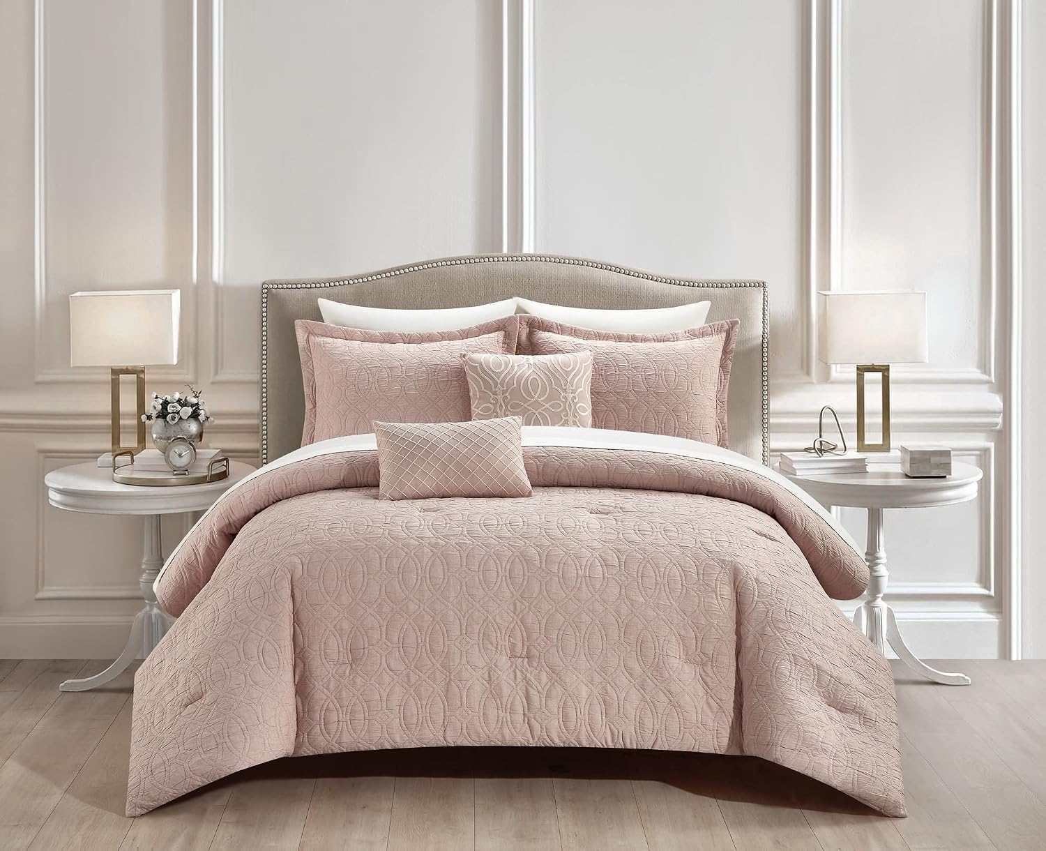 Chic Home Blush Bed in a Bag Comforter Set, King Size (5 Pieces), New York & Company Trinity - Polyester Bedding with Jacquard Interlaced Pattern - Comforter, Pillow Shams and Decorative Pillows