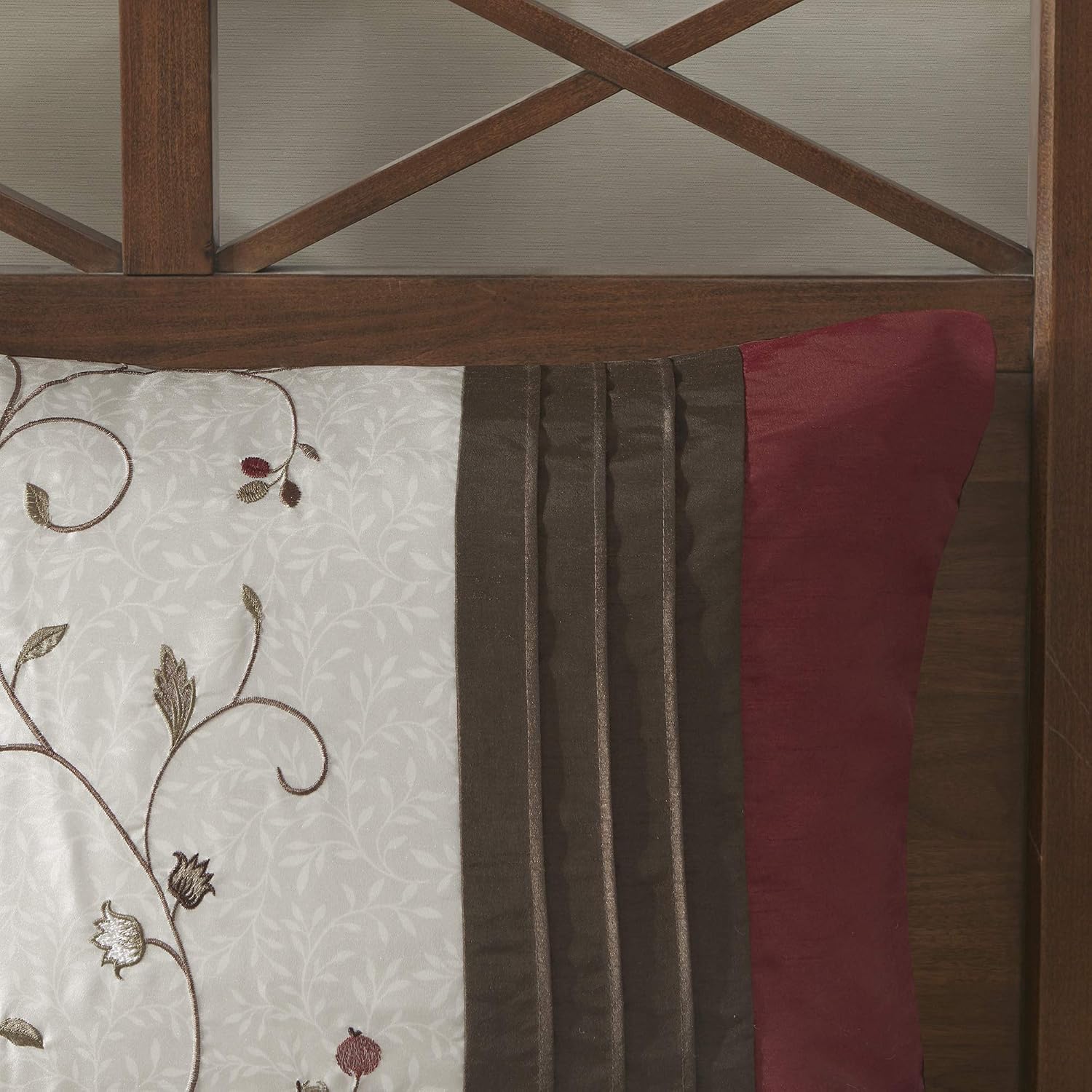 Madison Park Serene Faux Silk Comforter Set - Floral Embroidery Design, All Season Bedding Set, Matching Bed Skirt, Decorative Pillows, Red Cal King(104'x92') 7 Piece