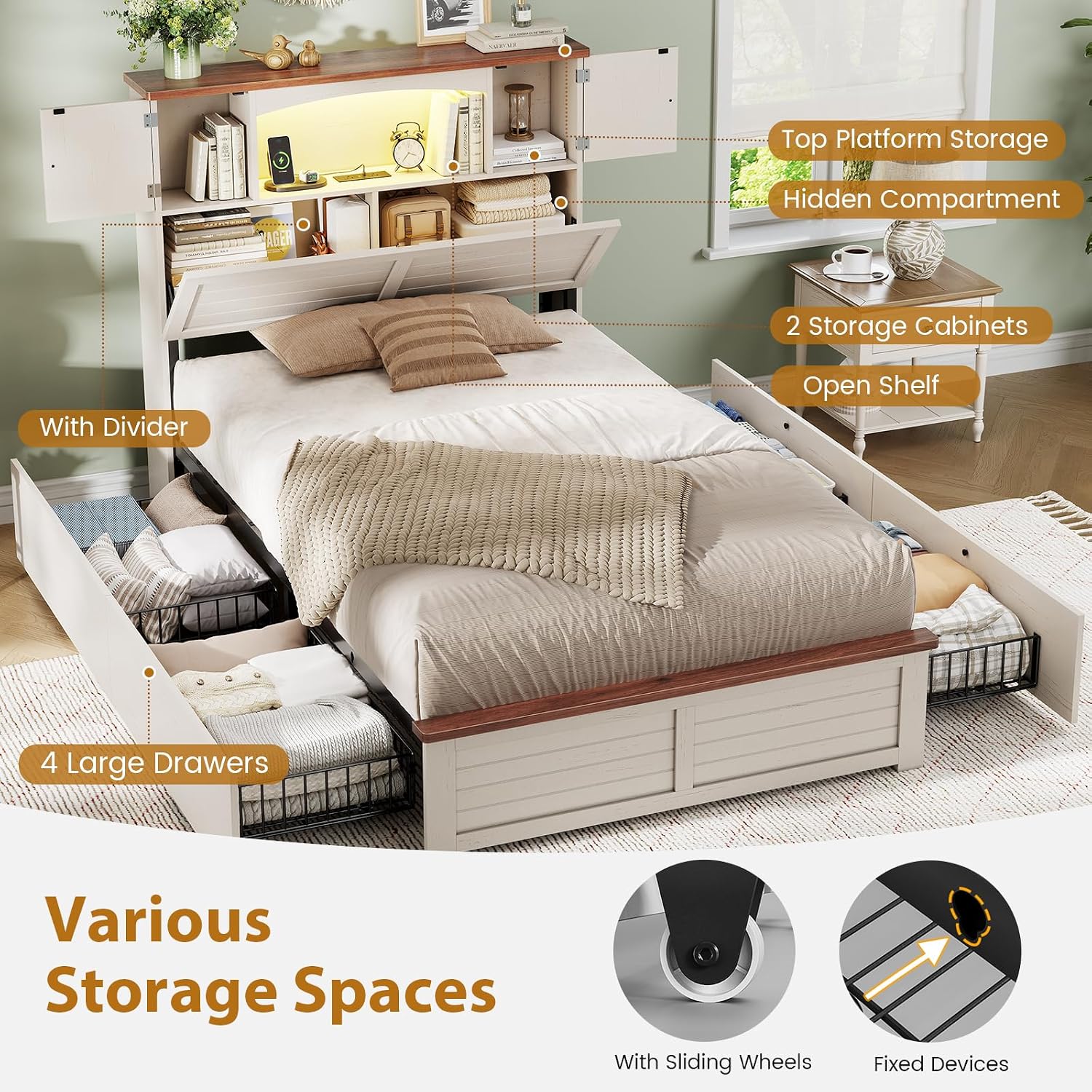 MSmask Farmhouse Bed Frame Twin Size with Bookcase and Storage Cabinets Headboard, Wood Platform Bed with LED Lights, Charging Station, 4 Drawers, Decoration Footboard, No Box Spring Needed, White