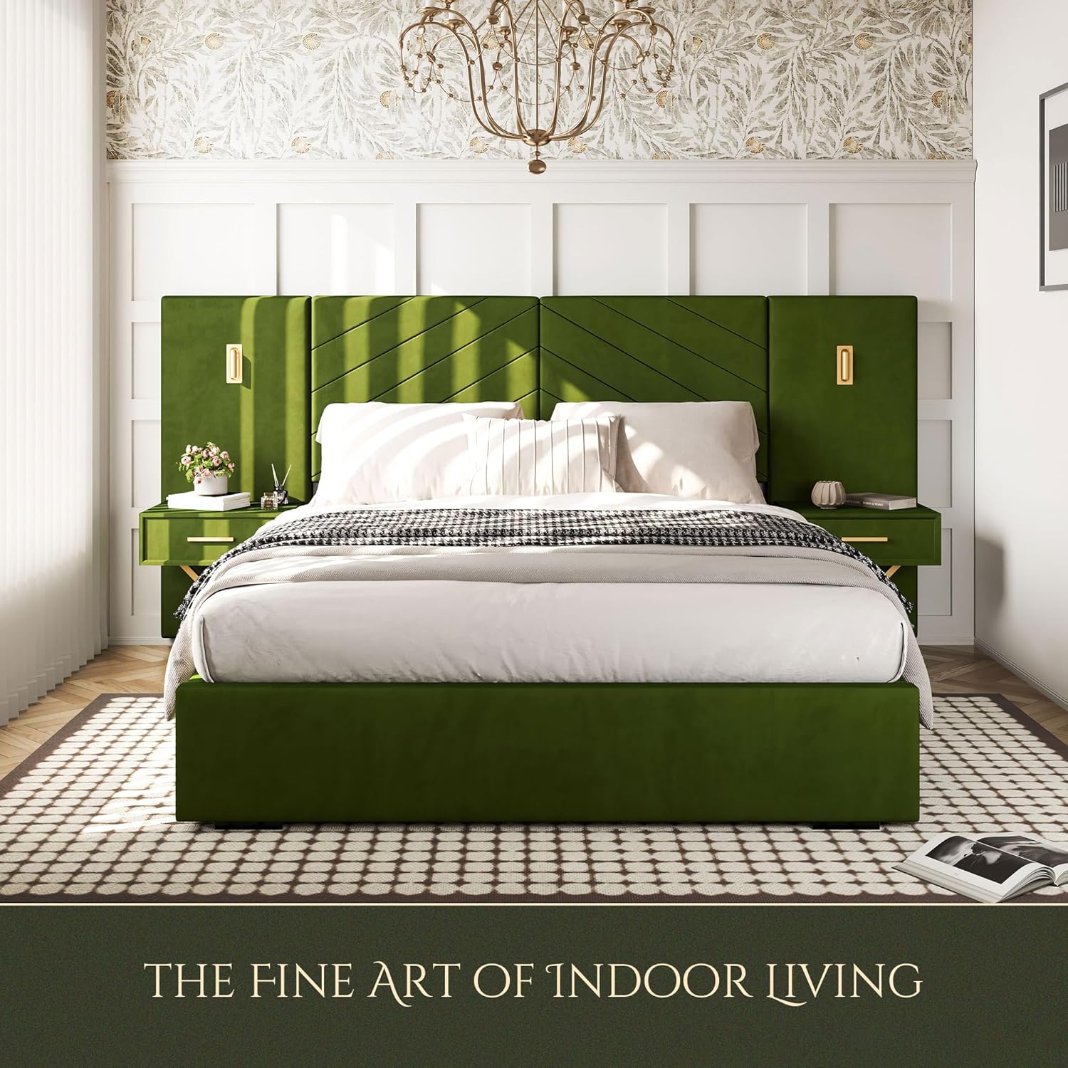 Luxurious Queen Platform Bed Frame, Velvet Upholstered Headboard with 2 Built-in Wall Sconces & Nightstands, Sturdy Metal & Solid Wood Frame, Squeak-Free, No Box Spring Needed, Olive Green