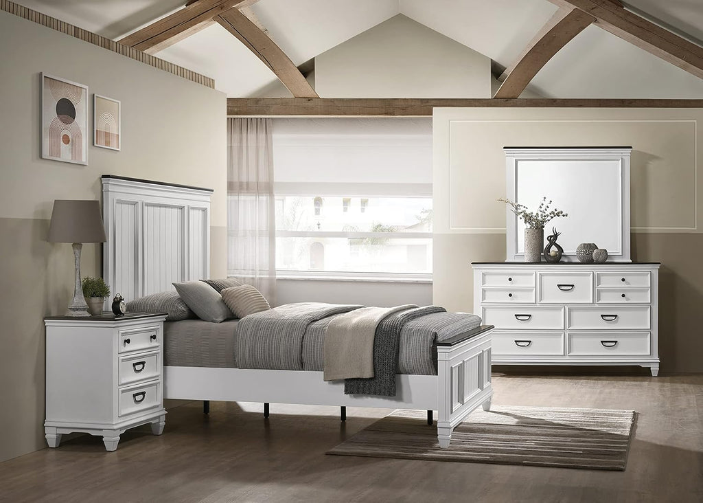 Clelane Wood Bedroom Set with Shiplap Panel Queen Bed, Dresser, Mirror, and Two Nightstands in Weathered White and Dark Gray